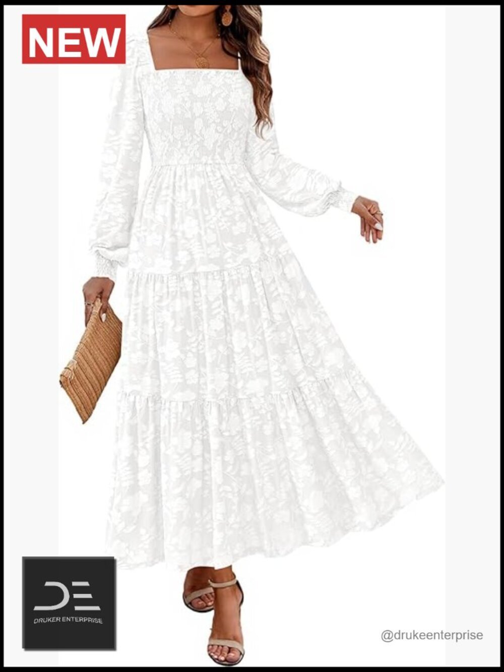 Long Sleeve Smocked Floral Flowy Maxi Dress with Pockets